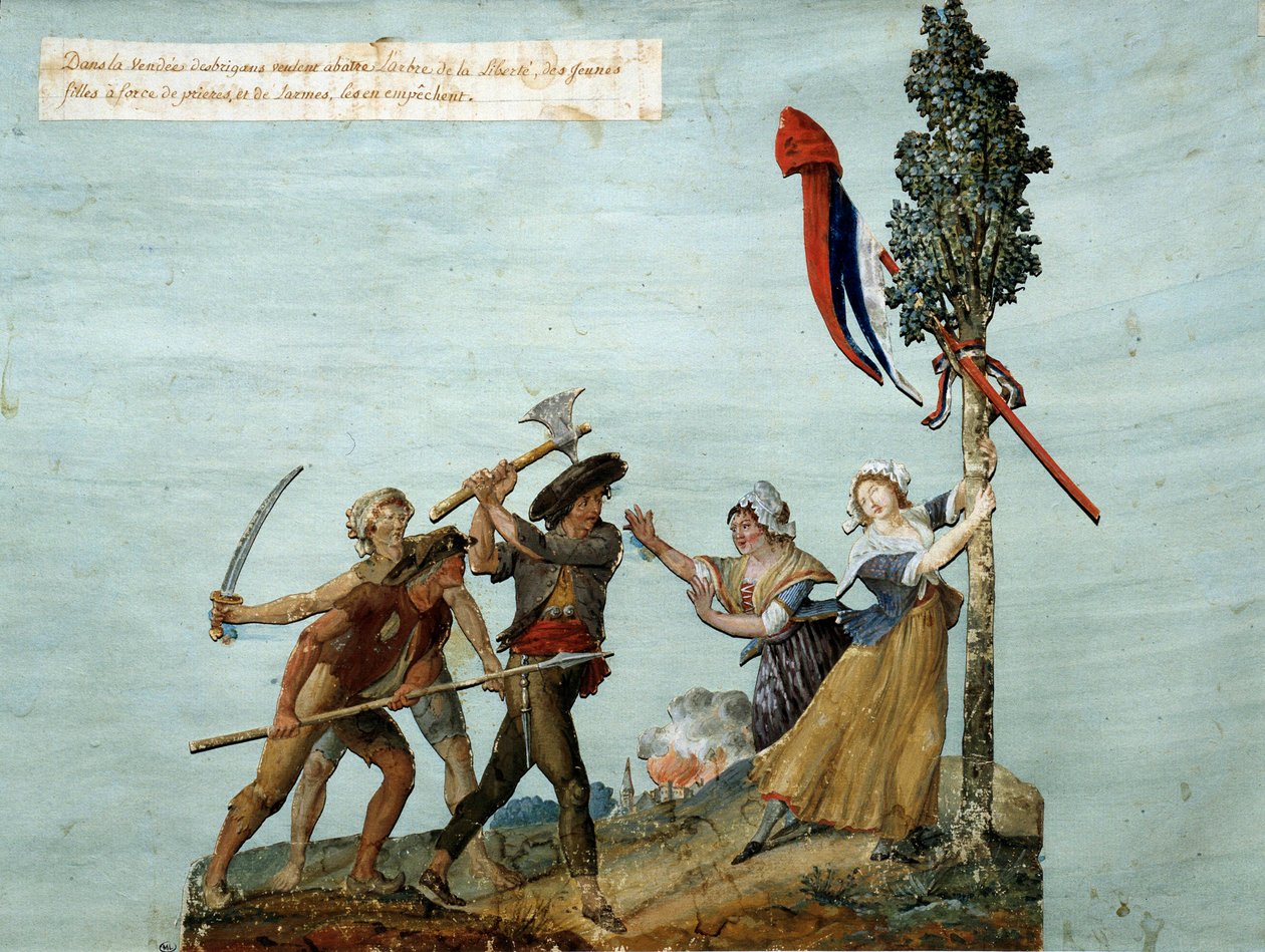 Fransk revolusjon: "" ranere prøver å skyte ned Liberte-treet, unge jenter som gråter stopper dem fra å gjøre det." Dette er en episode av Vendee-krigene som så mange kontrarevolusjonære omveltninger i 1793. Gouache fra Lesueur-brødrene. 1793. Mus av Lesueur Brothers