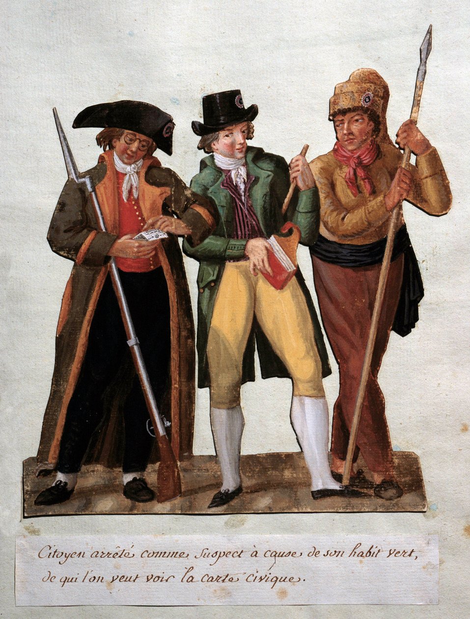 Den franske revolusjonen "" mistenkt borger arrestert på grunn av sin grønne vane"" Gouache des freres Lesueur (1700-tallet). Musée Carnavalet, Paris av Lesueur Brothers