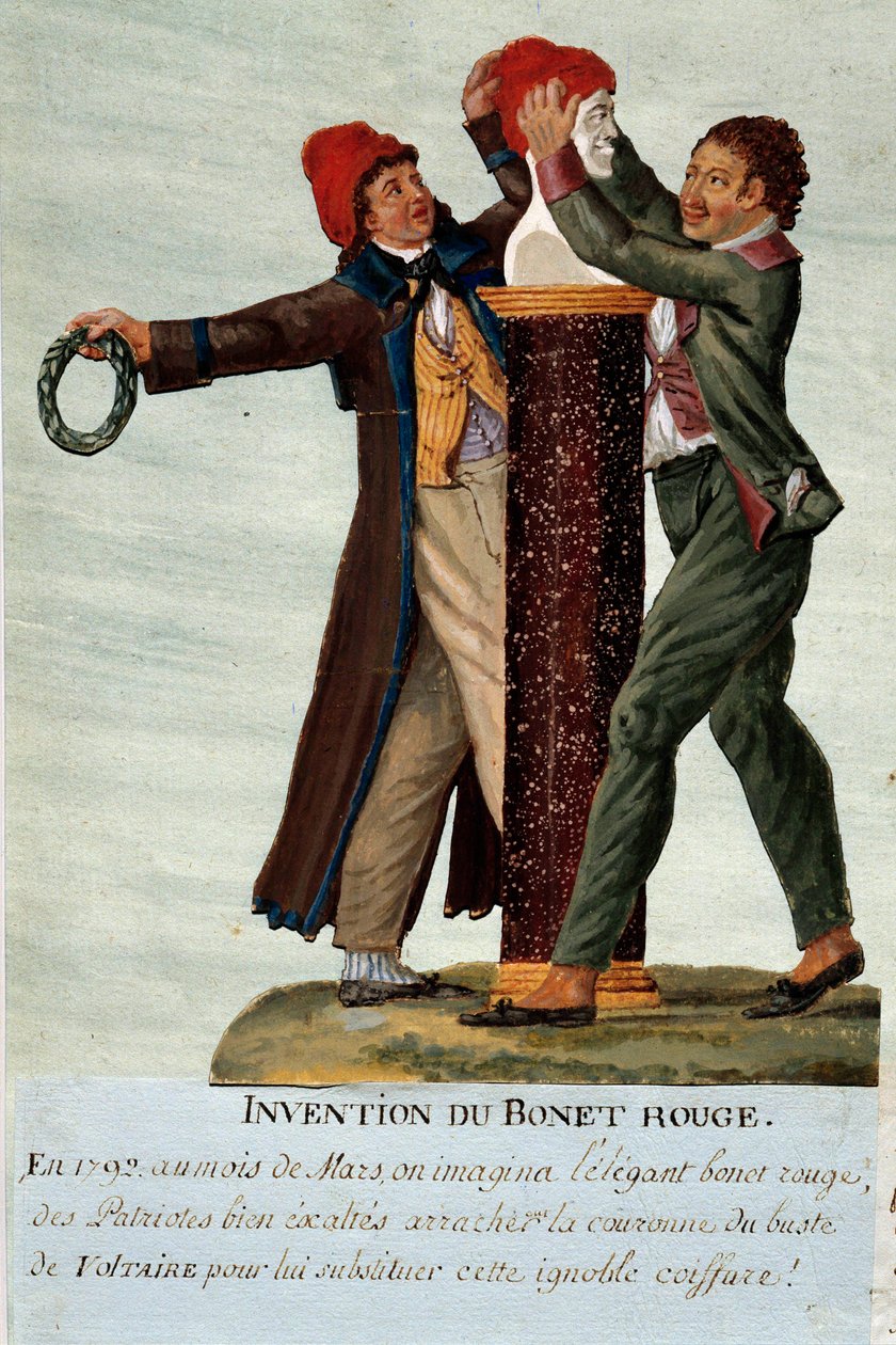 Fransk revolusjon: "" oppfinnelsen av den røde hetten""" to revolusjonære tar bort kronen fra Voltaires byste og erstatter den med en frygisk hette. Gouache des freres Lesueur (1700-tallet). Musée Carnavalet, Paris av Lesueur Brothers