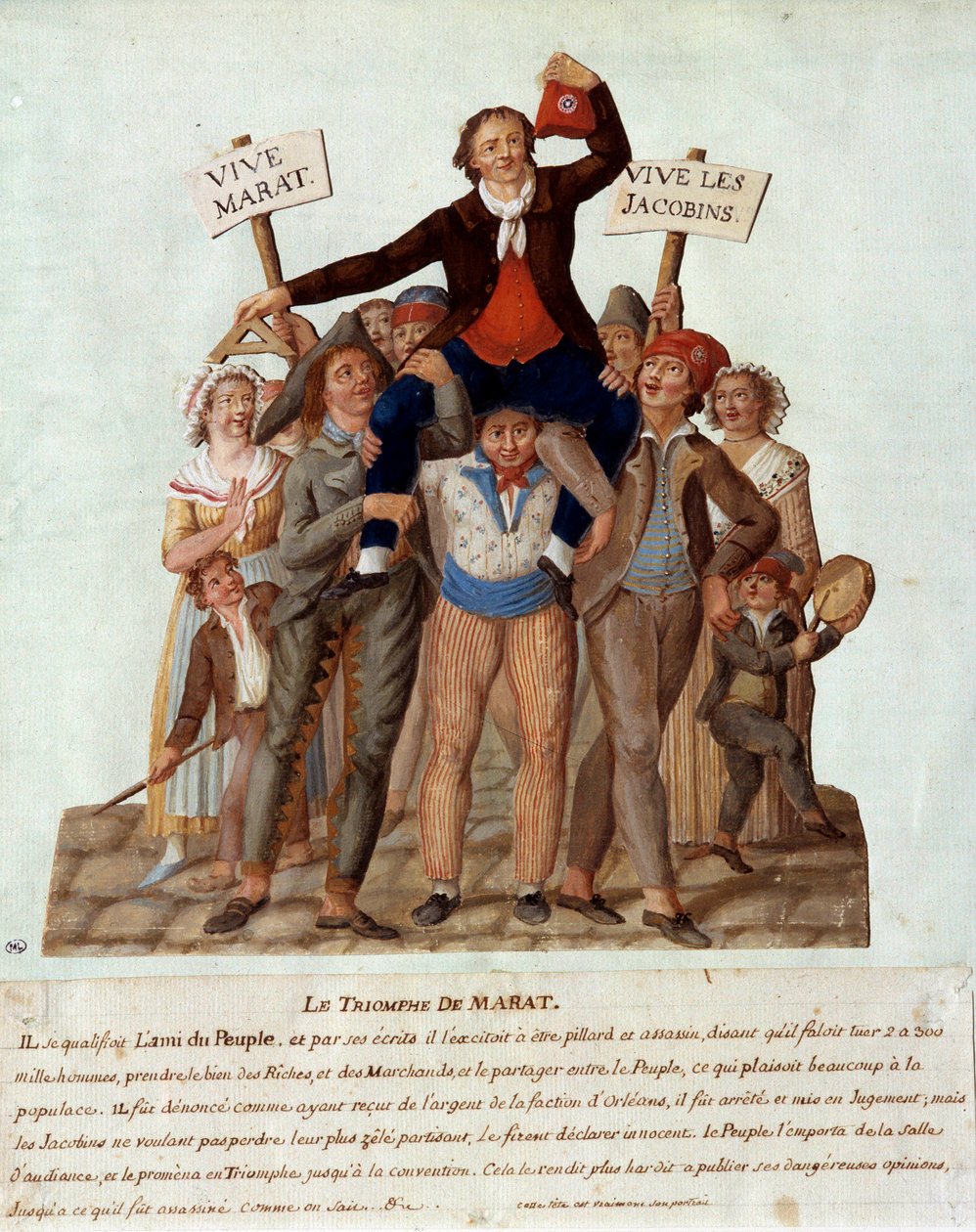 Den franske revolusjonen: "" Marats triumf"" Jean-Paul (Jean Paul) Marat (1743-1793), stedfortreder for Paris ved nasjonalkonvensjonen, bærer i triumf av folket for deres voldelige posisjoner mot de rike til fordel for mennesker. Gouache des freres Lesue av Lesueur Brothers