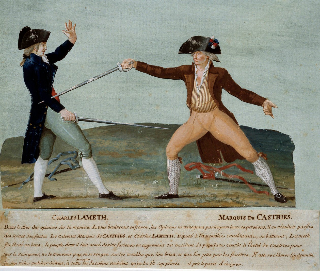 Fransk revolusjon: duell mellom Charles Lameth (1757-1832), stedfortreder ved den konstituerende forsamlingen, og markisen de Castries (1756-1842), adelens stedfortreder 12. november 1790. Sistnevnte såret Lameth og jakobinernes folkemengde raste hotellet  av Lesueur Brothers