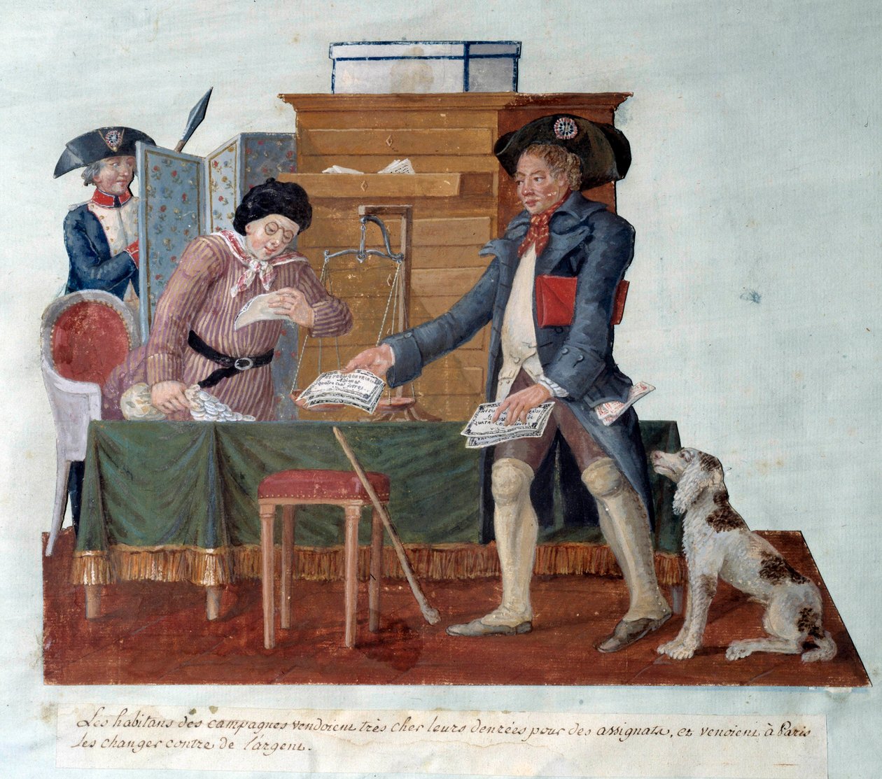 Fransk revolusjon: innbyggerne på landsbygda solgte maten sin for tildelte, som de så kom for å bytte mot penger i Paris. Gouache des Freres Lesueur (1700-tallet) av Lesueur Brothers