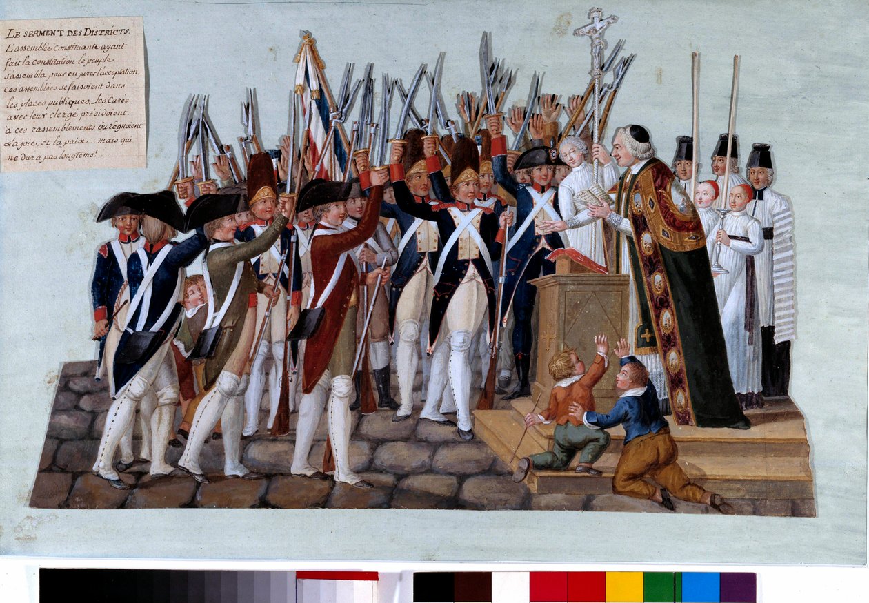 Fransk revolusjon: ed av distriktene. Etter forkynnelsen av Grunnloven samlet folket seg på de offentlige plassene, kurene ledet stevnene. Gouache des freres Lesueur (1700-tallet). 1789. Paris, Musee Carnavalet av Lesueur Brothers