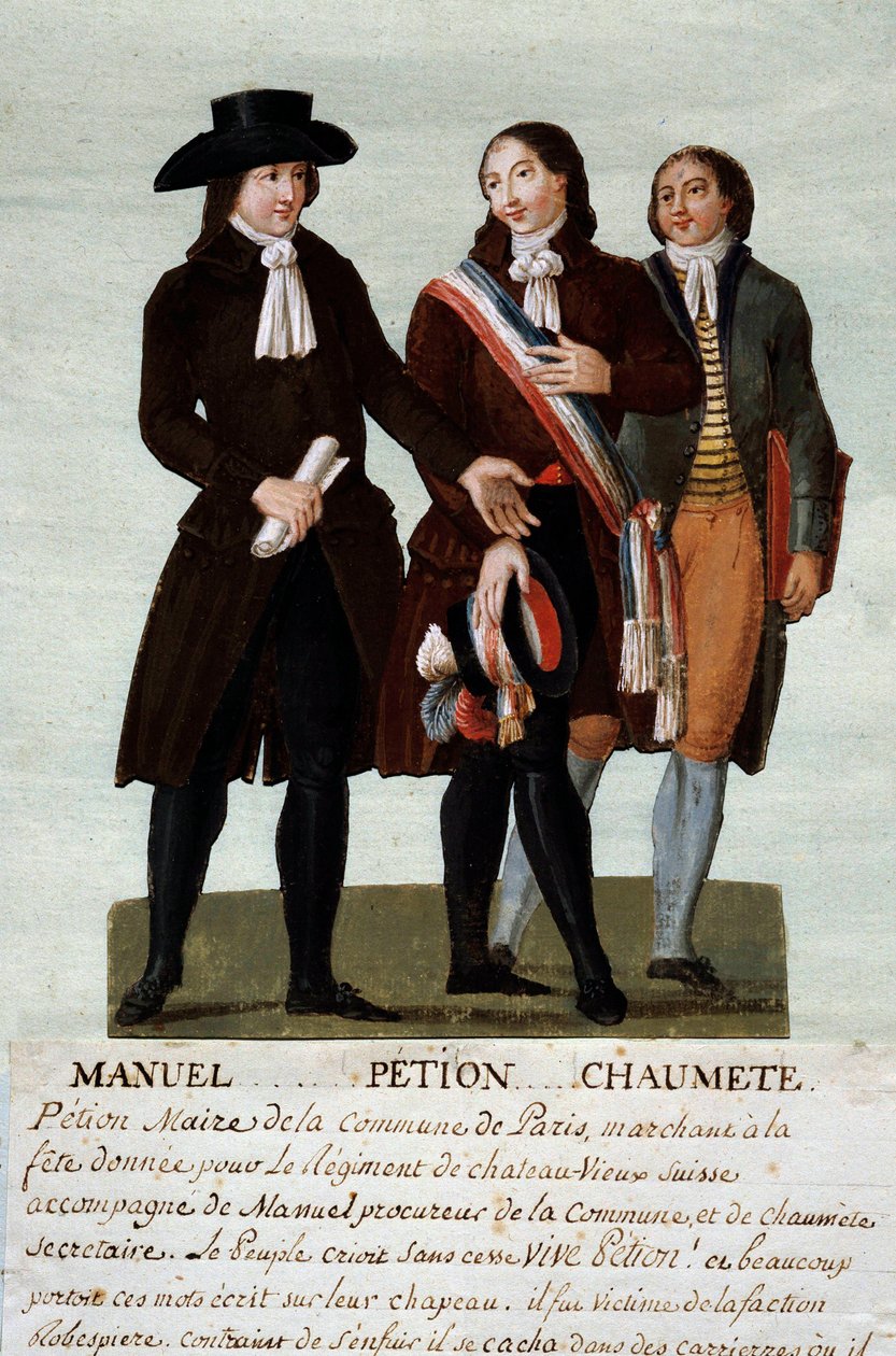 Fransk revolusjon: revolusjonærene Jerome Petion (1756-1794), Jacques Antoine (Jacques-Antoine) Manuel (1775-1827), og Pierre-Gaspard (Pierre Gaspard) Chaumette dit Anaxagoras (1763-1794), talsmann for de uhemmede. Gouache av Lesueur-brødrene (18 av Lesueur Brothers