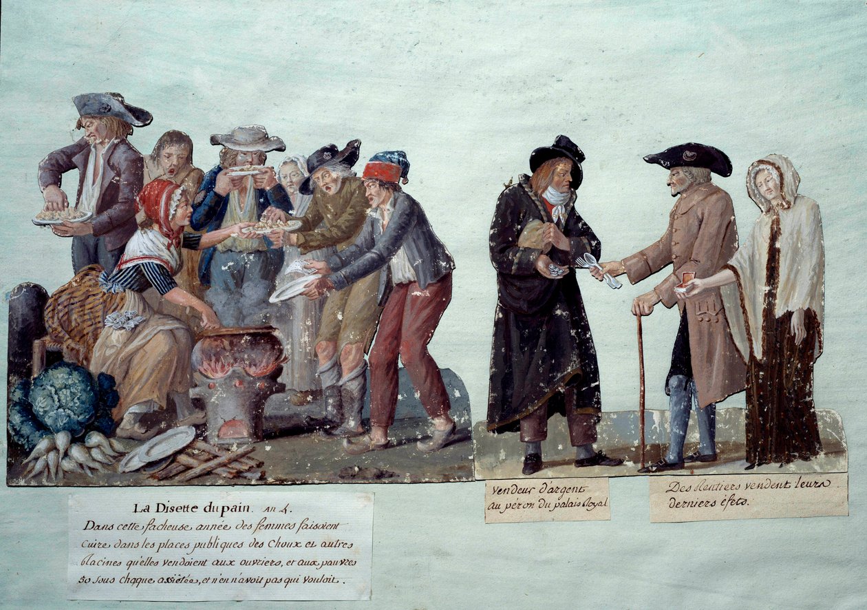 Scener under den franske revolusjonen: "" brødkorthet, pengeselger og annuitter som selger effektene sine"". Gouache av brødrene Lesueur, rundt 1789. Musee Carnavalet, Paris av Lesueur Brothers