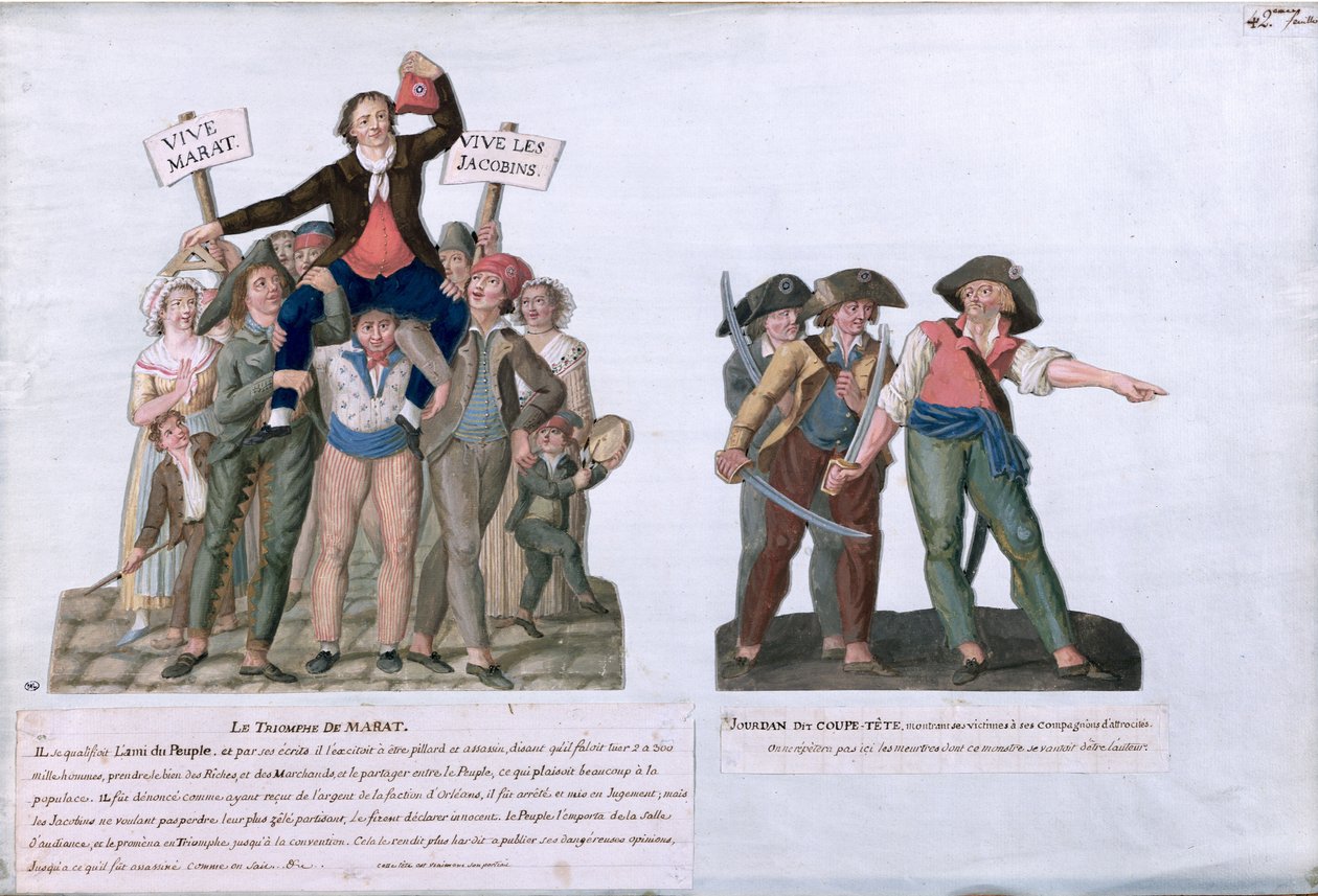 The Triumph of Marat og Camille Jordan sa "Kutt av hodet deres", ca. 1792 (gouache på kort) av Lesueur Brothers