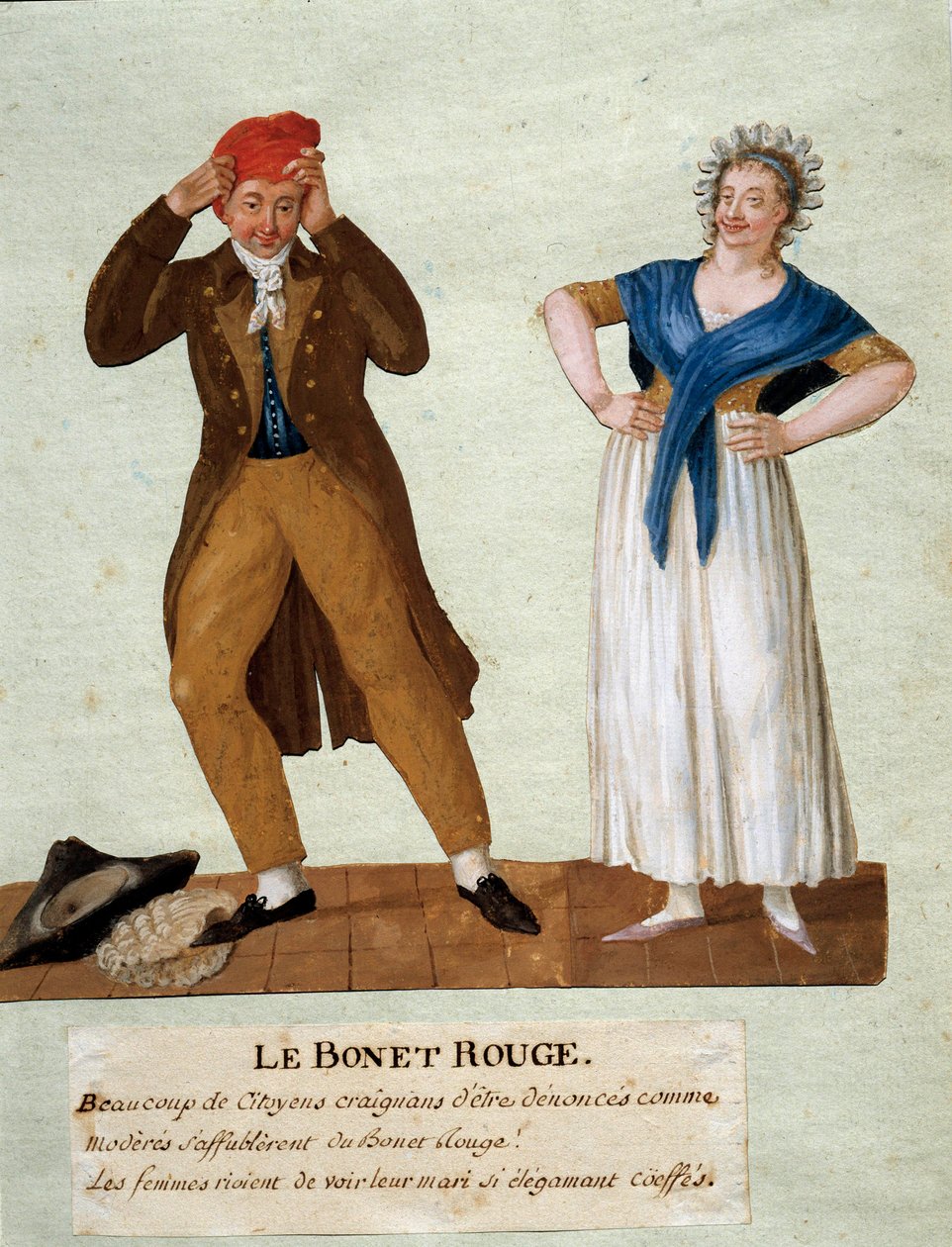 Den røde hatten En mannshatt har på seg den frygiske hatten på tidspunktet for revolusjonen i 1789. Gouache fra Lesueur-brødrene. 18. århundre. Musée Carnavalet, Paris av Lesueur Brothers