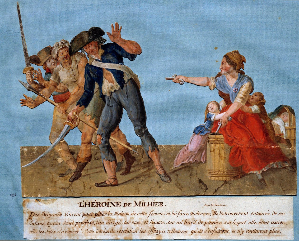 War of Vendee: "" Milhiers heltinne"". En ung kvinne truer to plyndrere med å sprenge en tønne med krutt hvis de våger å gå videre. Gouache des freres Lesueur (1700-tallet) Musee Carnavalet, Paris av Lesueur Brothers