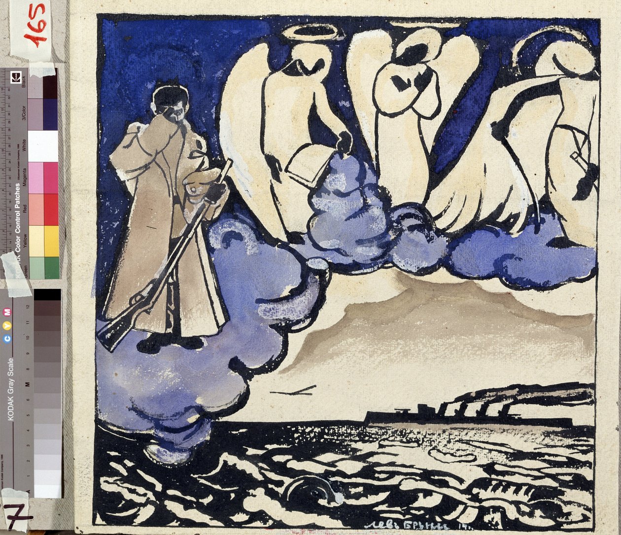 ""Krigen. Russland. 1914"" Allegori om første verdenskrig. En soldat og engler. Penn og gouache av Lev Bruni (1894-1948) 1914 Statens museum for historie, arkitektur og kunst, Rybinsk, Russland av Lev Aleksandrovitc Bruni