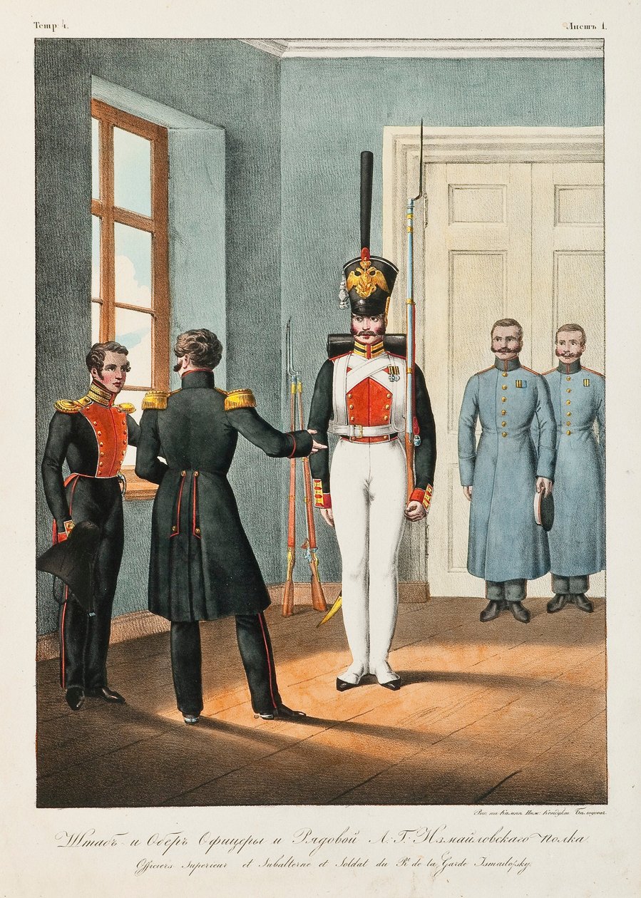 Sjefoffiserer og soldater fra Izmaylovsky Lifeguard-regimentet, 1830-1840-årene av Lev Alexandrovich Belousov