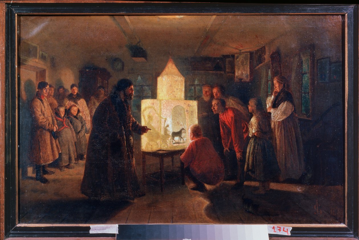 The Magic Lantern in a Peasant House - Maleri av Lev Grigorievich Solovyev (1837-1919), olje på lerret av Lev Grigoryevich Solovyev