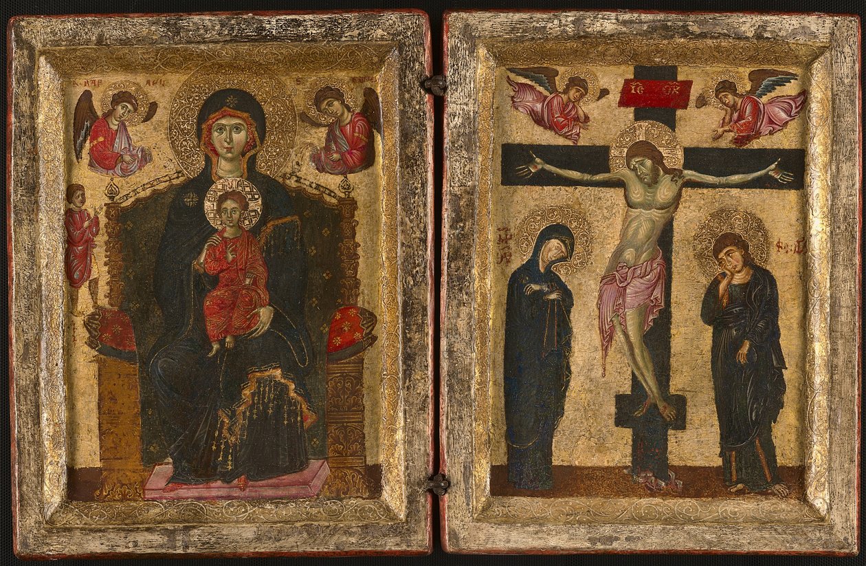 Diptyk med jomfruen og barnet på tronen og korsfestelsen, 1275-80 av Levantine School