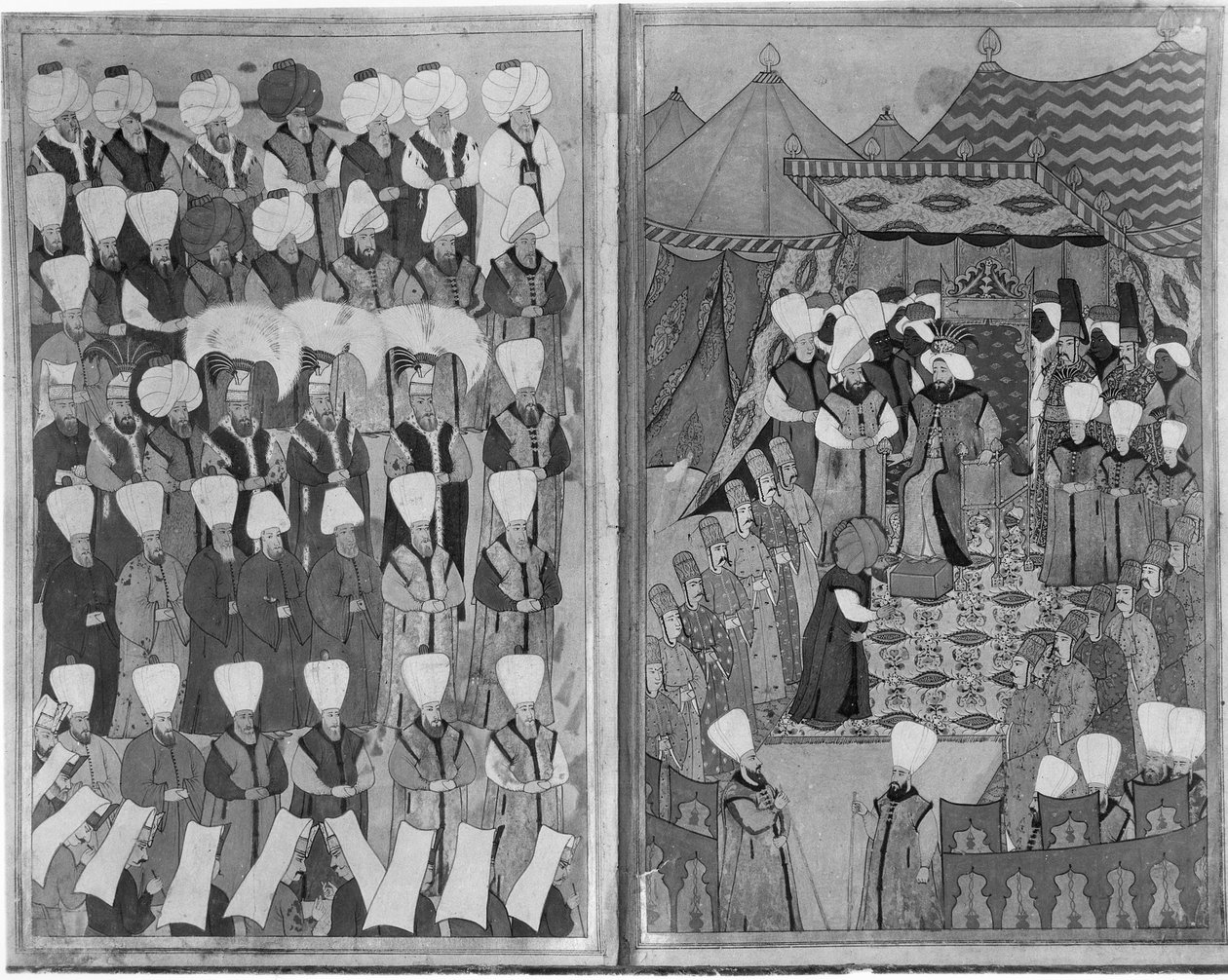Sultan Ahmed III distribuerer penger foran kiosken i Bagdad under omskjæringsseremoniene, fra 'Livre de Rejouissances' av Vehbi, ca. 1720 av Levni