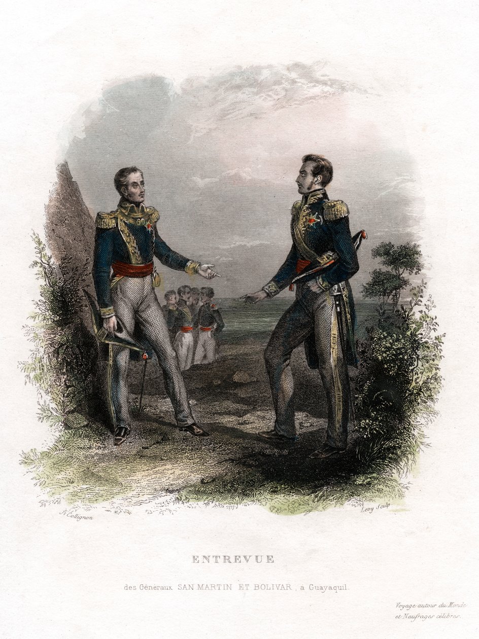 Møte mellom generalene San Martin og Bolivar, Guayaquil, Ecuador, 1822, 1800-tallet. av Levy