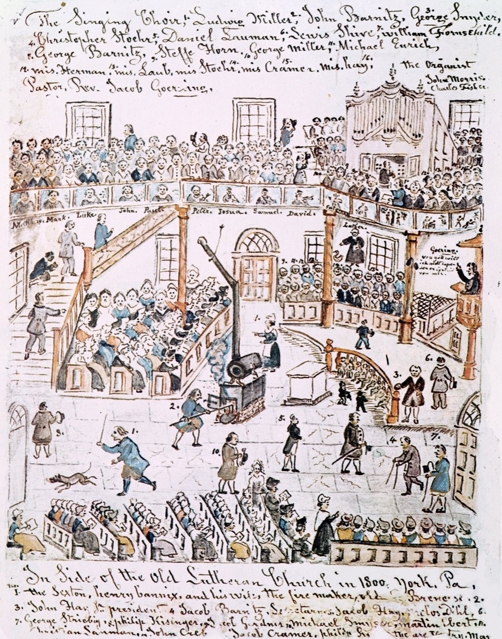 Inne i den gamle lutherske kirken, York County, 1800 av Lewis Miller