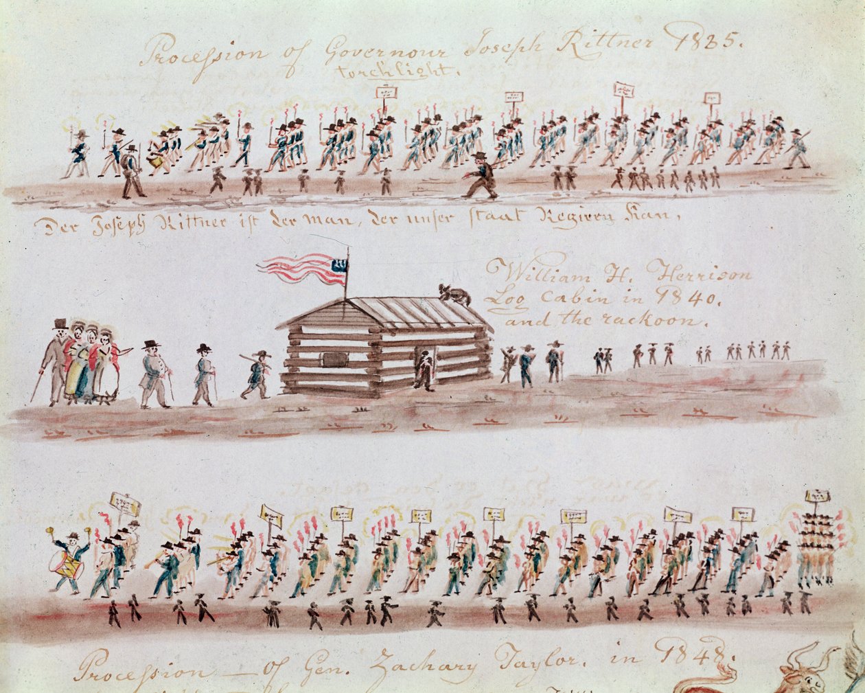Tre skisser som viser hendelser i amerikansk historie av Lewis Miller