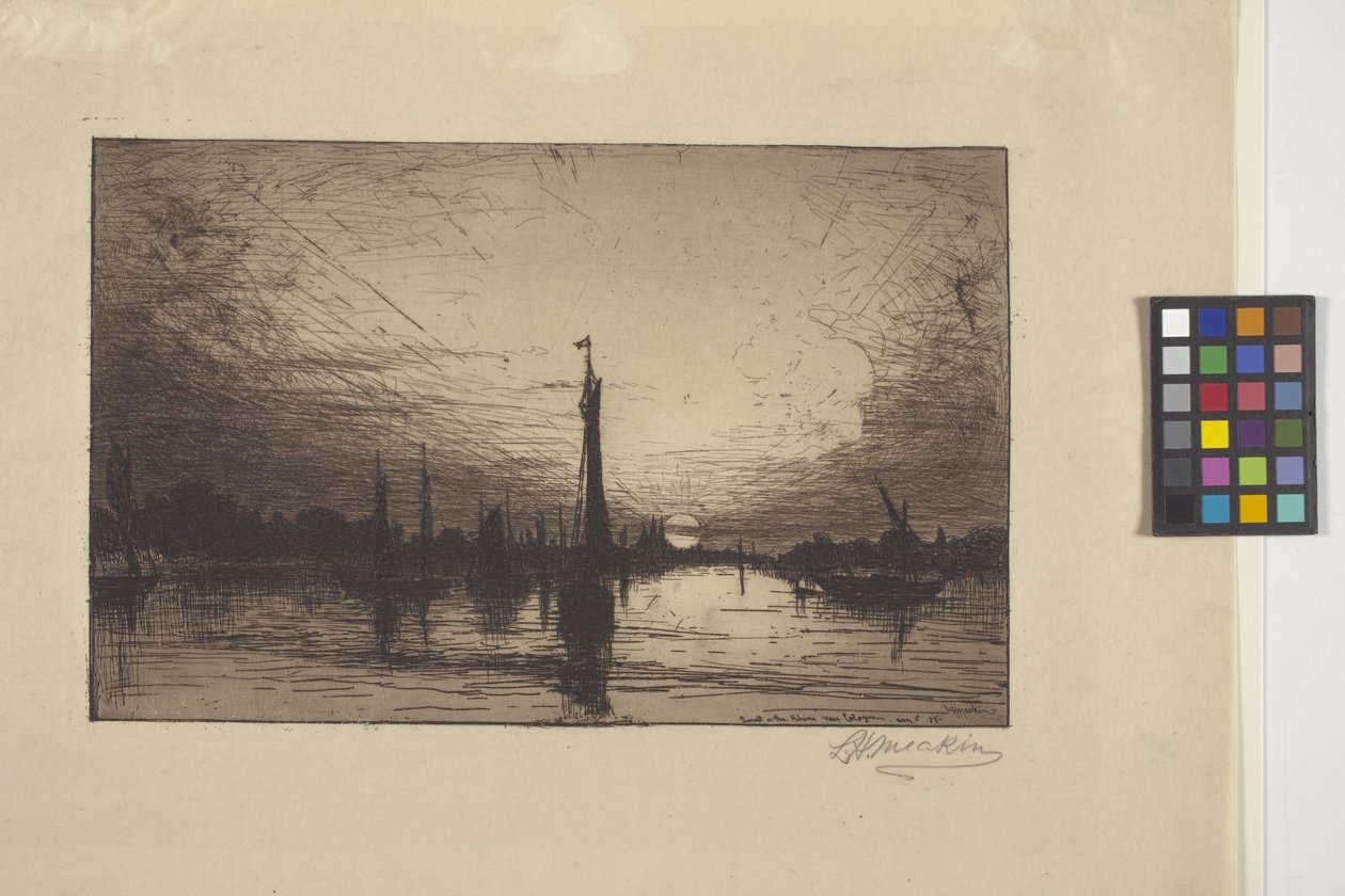Solnedgang på Rhinen nær Köln (radering) av Lewis Henry Meakin