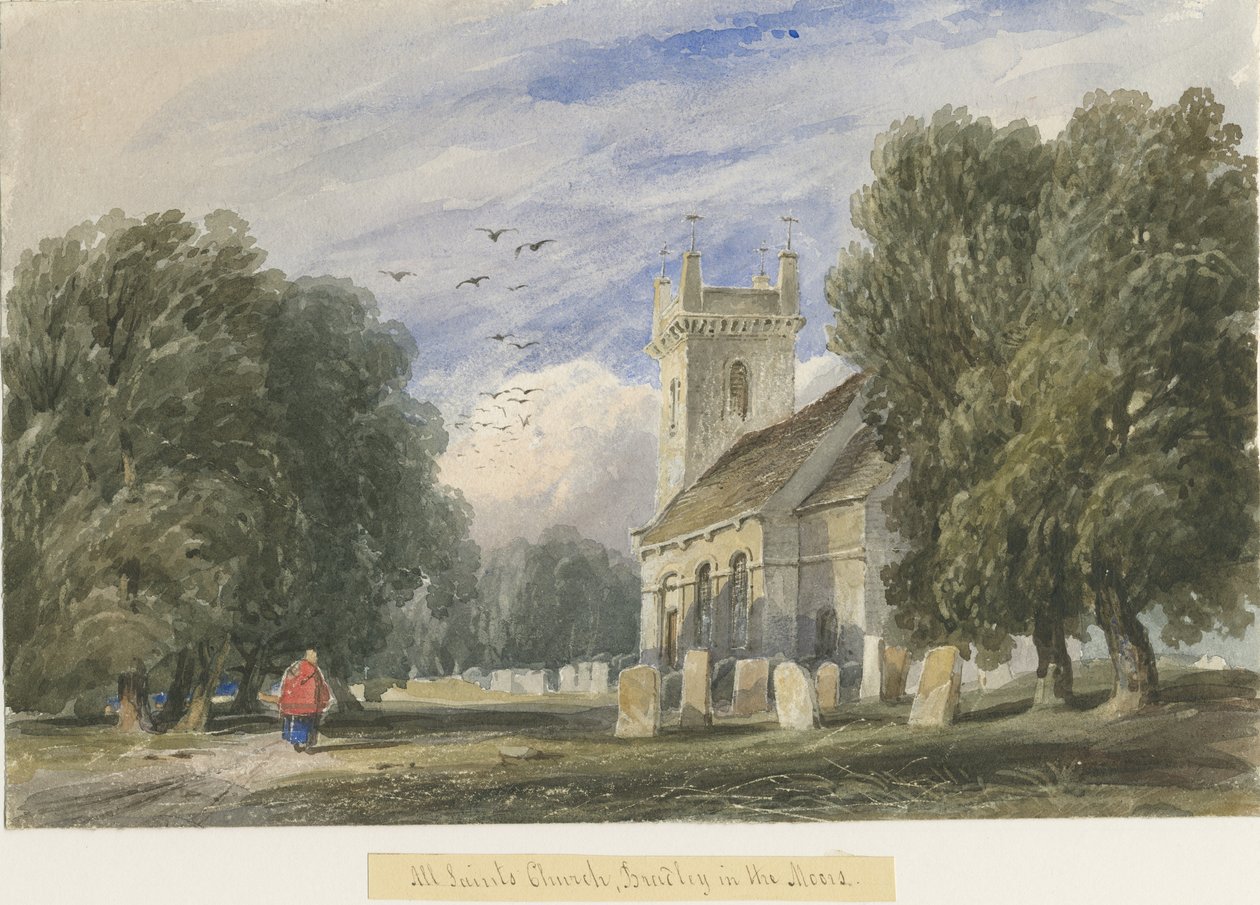 Bradley-in-the-Moors Church: akvarellmaling, og [c 1830-1840] av Lewis John Wood