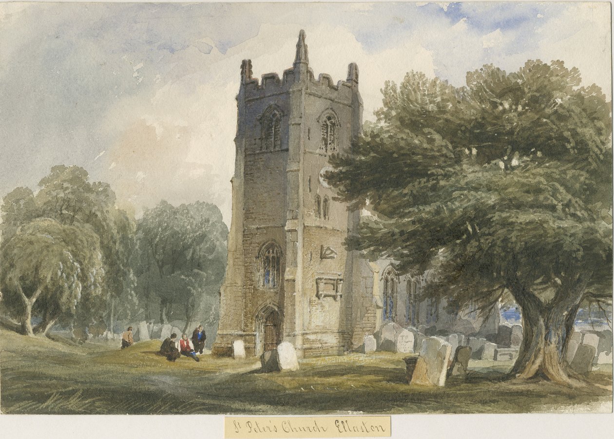 Ellastone Church: akvarellmaleri, og [c 1830-1840] av Lewis John Wood