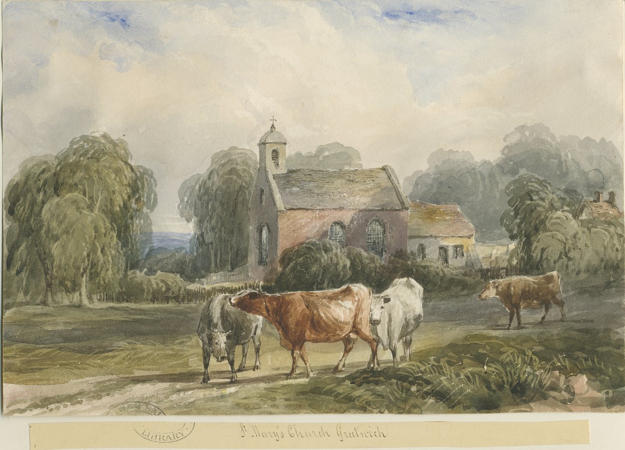 Gratwich Church: akvarellmaleri, og [c 1830-1840] av Lewis John Wood