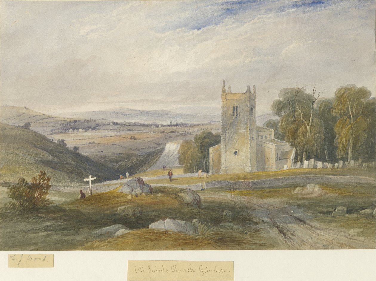 Grindon Church: akvarellmaling, og [c 1830-1845] av Lewis John Wood
