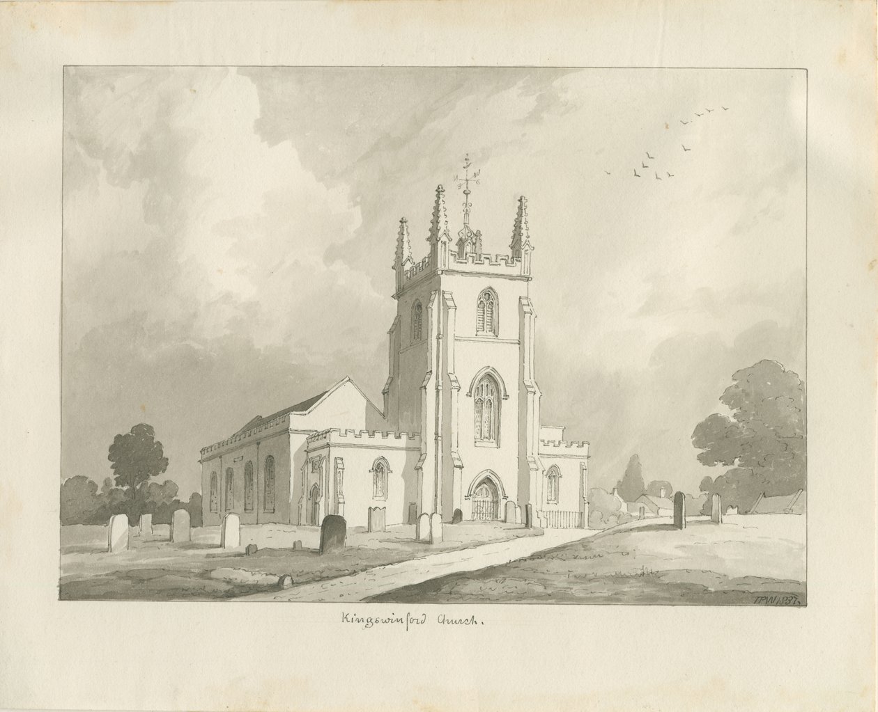 Kingswinford Church: sepia-tegning, 1837 av Lewis John Wood