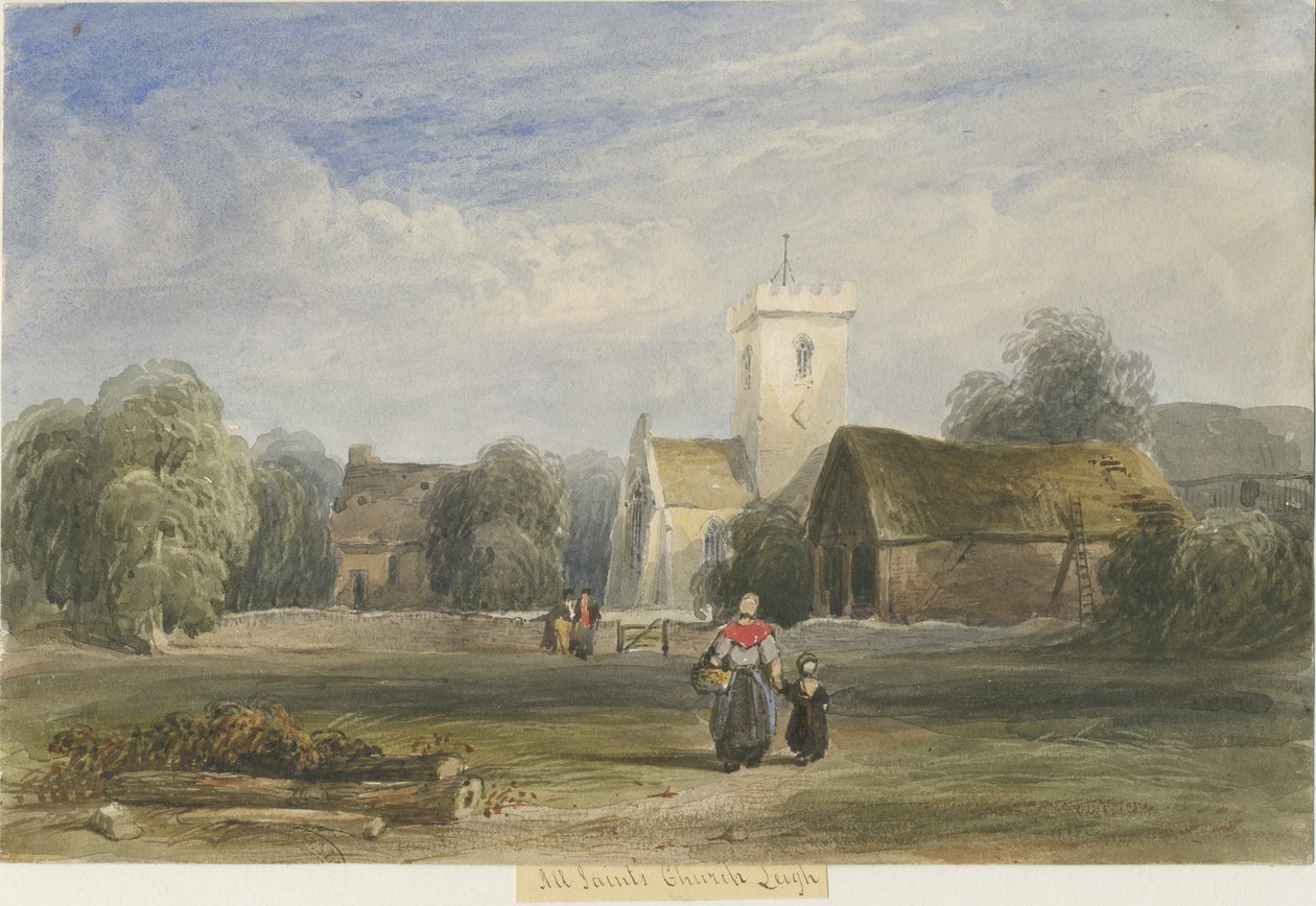 Leigh Church: akvarellmaling, og [c 1830-1840] av Lewis John Wood