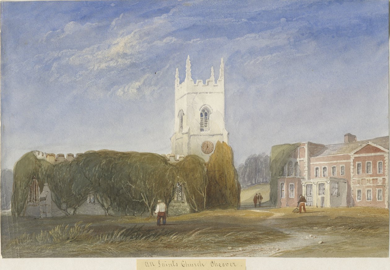 Okeover kirke - "All Saints": akvarellmaling, og [c 1830-1840] av Lewis John Wood