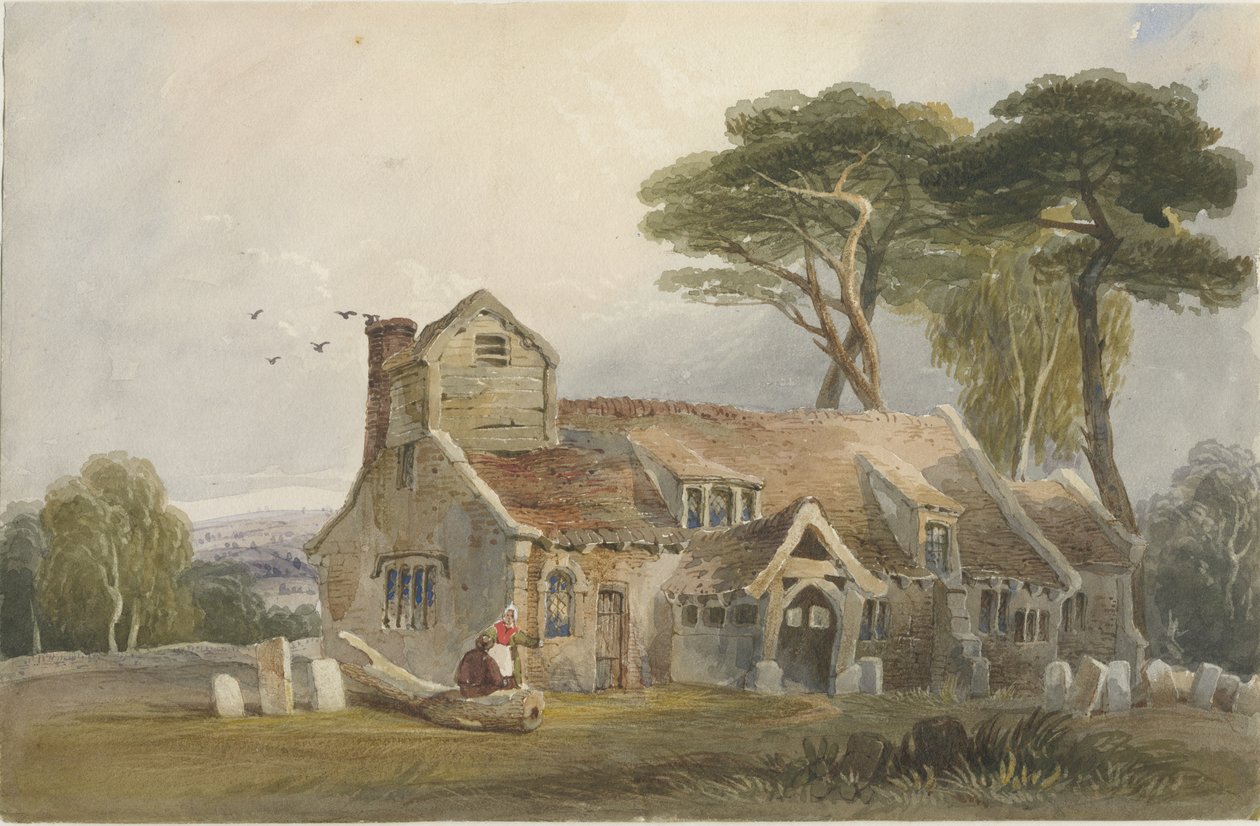 Rushton Spencer Church: akvarellmaleri, og [c 1830-1840] av Lewis John Wood