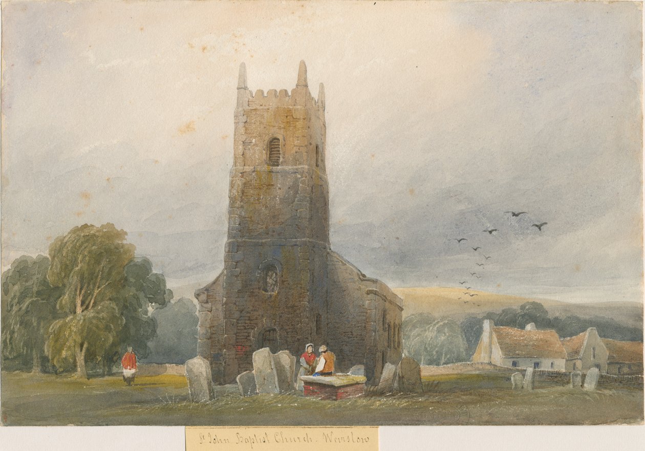 Warslow Church: akvarellmaling, og [c 1830-1840] av Lewis John Wood