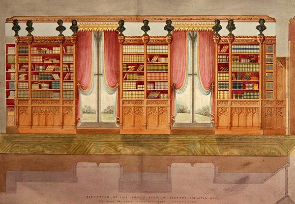 Forhøyning av sørsidens bibliotek, Snelston Hall, Derbyshire (penn, blyant, blekk og akvarell på papir) av Lewis Nockalls Cottingham