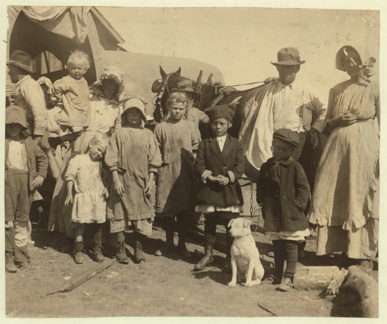 Omreisende bomullsplukkere forlater en gård nær McKinney, Texas etter å ha plukket en og en halv balle bomull om dagen, 1913 av Lewis Wickes Hine