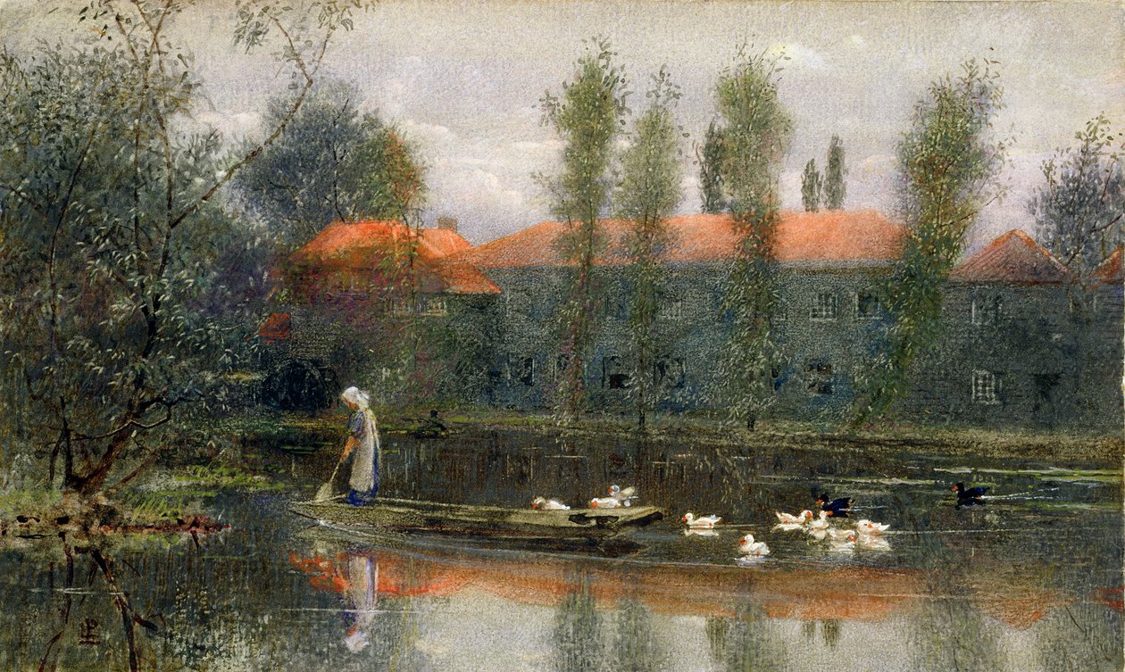 The Pond of William Morris Works at Merton Abbey (wc og gouache på papir) av Lexden L. Pocock