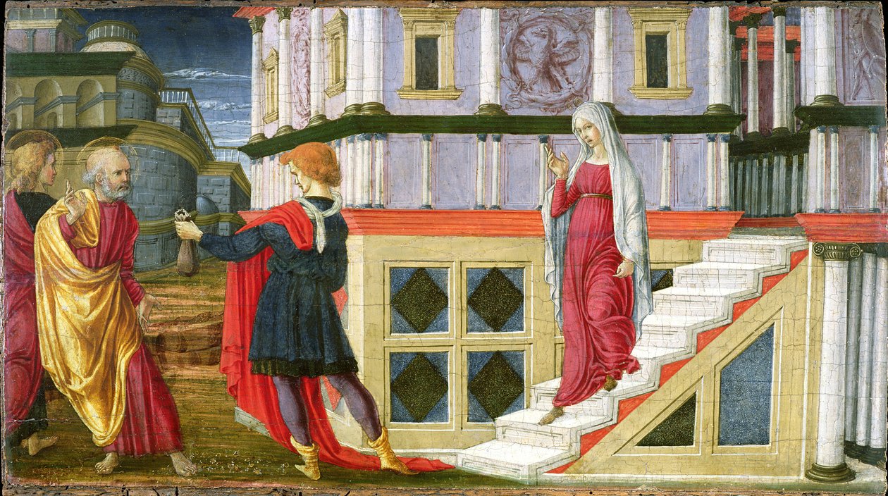 Simon Magus tilbyr St. Peter penger, 1470-75 (tempera på panel) av Liberale da Verona