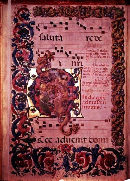 Side med musikk med en historisk initial G som viser tilbedelsen av magiene, fra en antifonal, ca. 1473-79 av Liberale da Verona