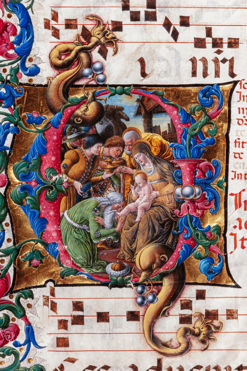 Piccolomini bibliotek: korbok, torsk. 19.4, ff. 9v med "Adoration of the Magi", av Liberale da Verona (ca. 1445 - 1527/9). Detalj. av Liberale da Verona