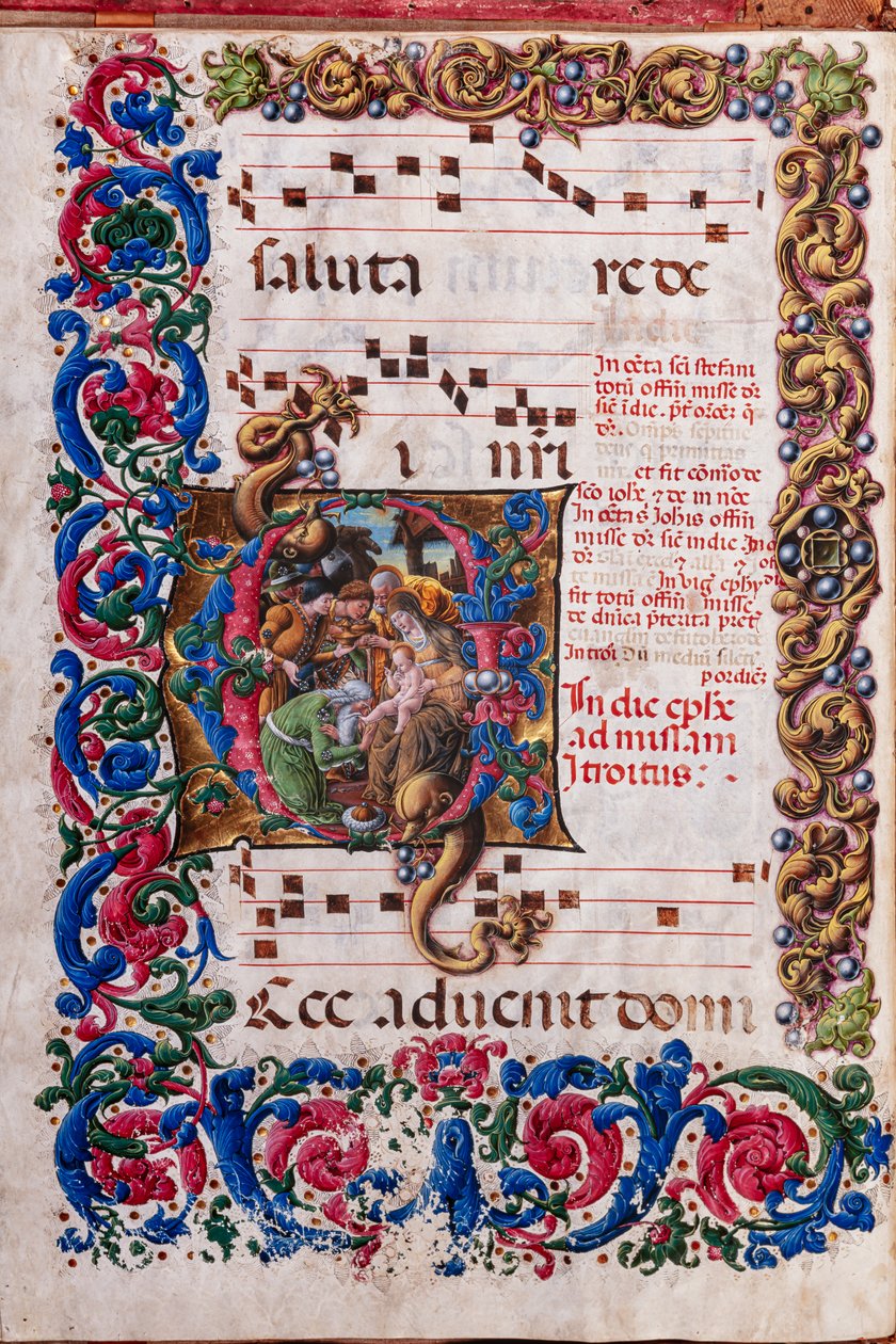 Piccolomini bibliotek: korbok, torsk. 19.4, ff. 9v med "Adoration of the Magi", av Liberale da Verona (ca. 1445 - 1527/9). av Liberale da Verona