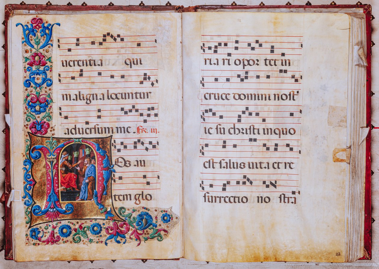 Piccolomini bibliotek: korbok, torsk. 22.7, ff. 22v-23r med "Kristus før Pilatus", av Liberale da Verona (ca. 1445 - 1527/9). av Liberale da Verona