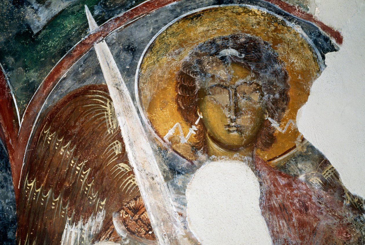 Erkeengelen Michael, freskomaleri i en bysantinsk kirke i ruinene av Geraki-slottet av Unbekannt Unbekannt
