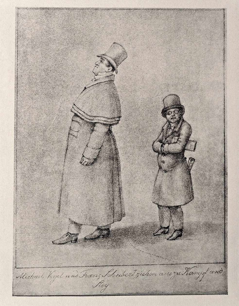 Østerrike, Wien, karikatur av den østerrikske barytonsangeren Johann Michael Vogl og komponisten Franz Peter Schubert, ca. 1825, blyanttegning av Unbekannt Unbekannt