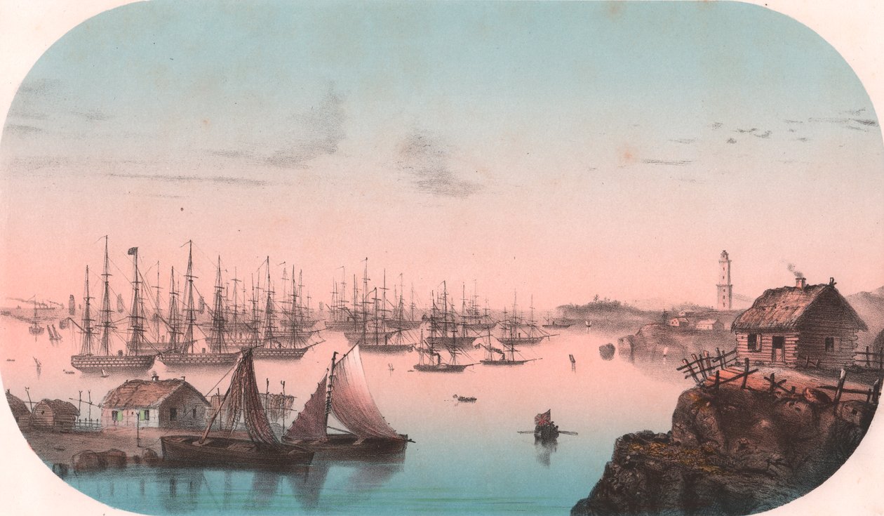 Baltic Fleet i Baro Sund, Finland, fargelitografi, 29x20 cm, fra Episodes of the Eastern War, Imprimerie et Jacomme Lemercier Publisher, Paris av Unbekannt Unbekannt