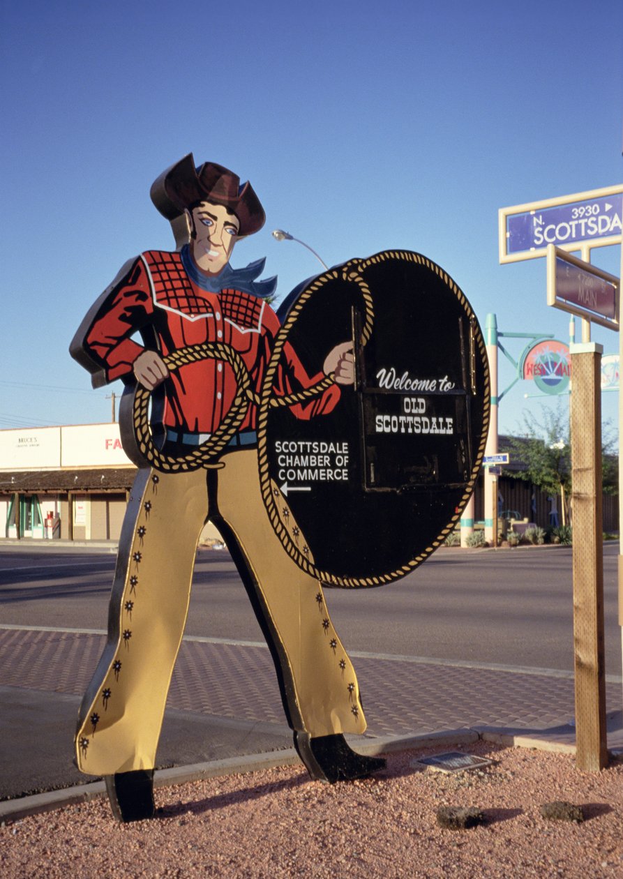 Cowboyfigurskilt som ønsker turister velkommen til Scottsdale, Arizona (bilde) av Unbekannt Unbekannt