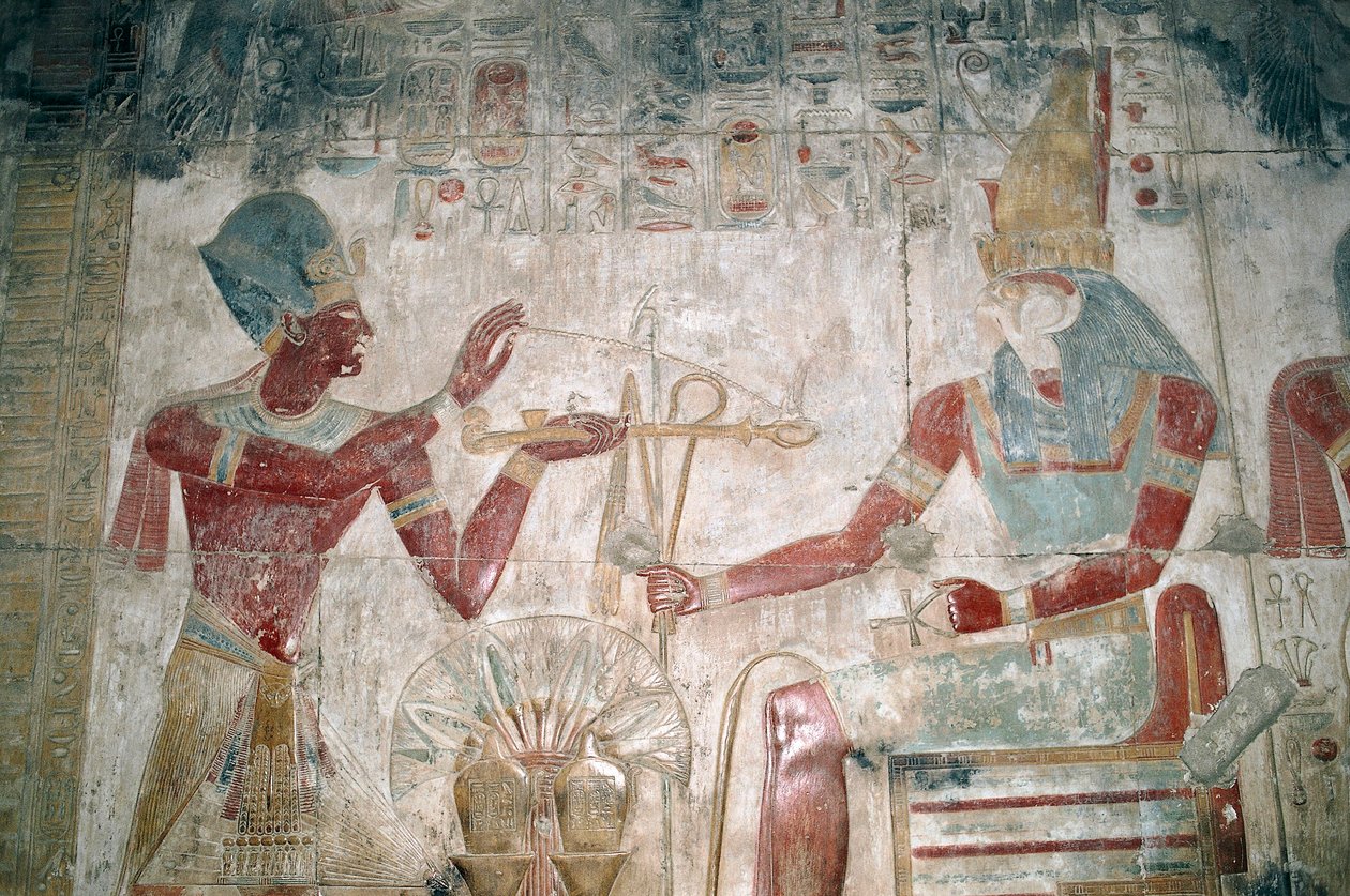 Egypt, Abydos, tempelet til farao Seti I, Osiris kapell. Detalj, malt relieff, New Kingdom, Dynasty XIX av Unbekannt Unbekannt
