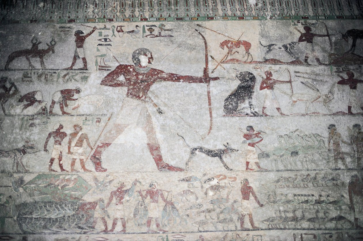 Egypt, Necropolis of Beni Hasan, Tomb of Khnumhotep III, veggmaleri som skildrer jaktscene av Unbekannt Unbekannt
