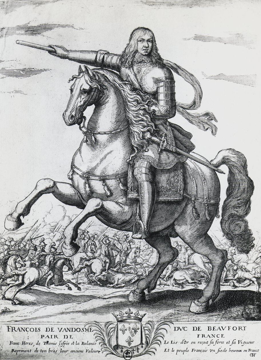 Rytterportrett av Frans av Bourbon-Vendome (1616-1669), andre hertug av Beaufort og fransk general, gravering av Nicolas de La Fage (1600?-1655) av Unbekannt Unbekannt