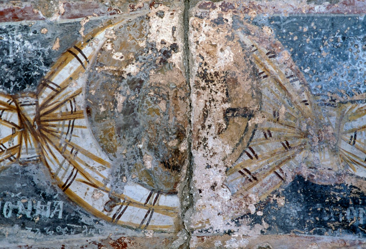 Kristi ansikt, skadet freskomaleri i kirken Metamorphosis Sotiros, Voutas, Kreta, Hellas (bilde) av Unbekannt Unbekannt