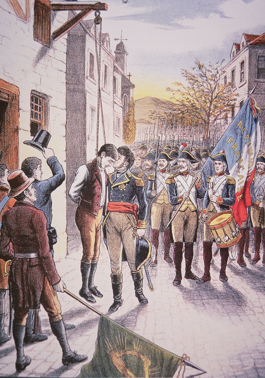Den franske generalen Jean Sarrazin kysser hengt den irske opprøreren Patrick Walsh (litho-farge) av Unbekannt Unbekannt