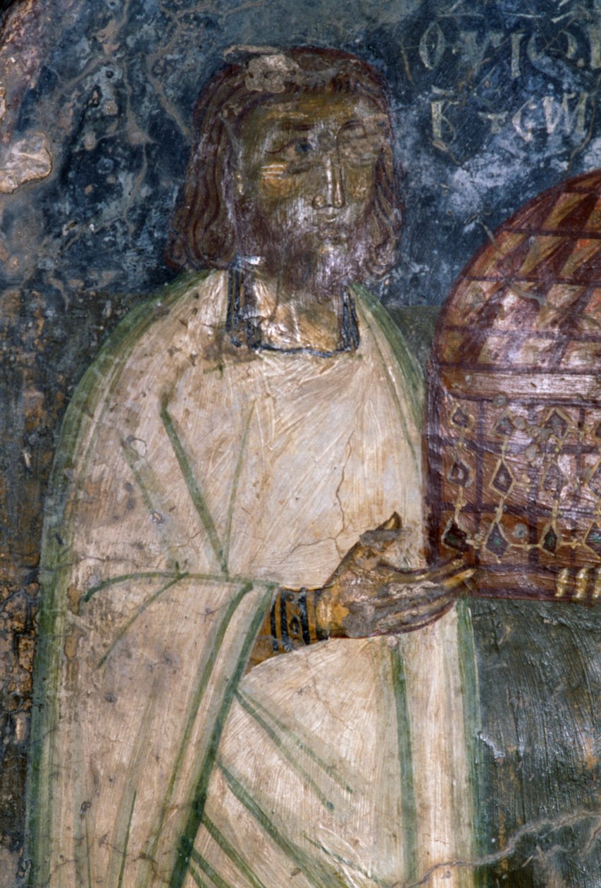 Freskekjøper av kirken Agia Anna, holder modell av kirken, freskomaleri fra 1642, Anisaraki, Kreta, Hellas av Unbekannt Unbekannt