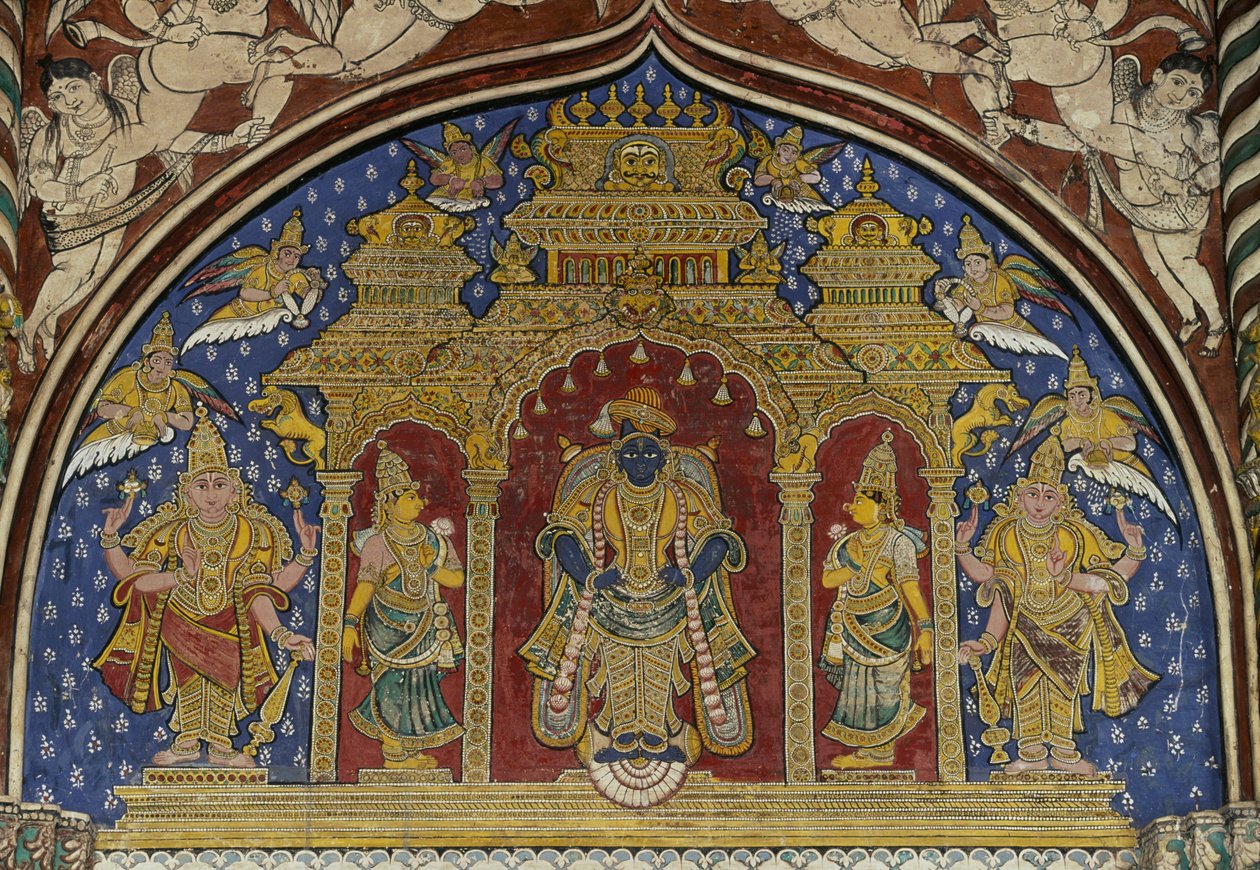 Fresco som viser Visnu, Thanjavur Maratha-palasset, Tamil Nadu, India av Unbekannt Unbekannt