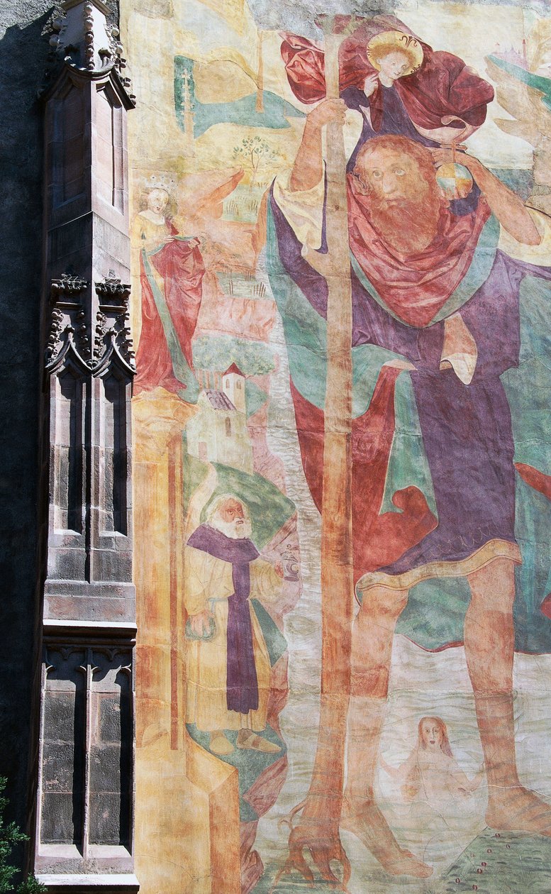 Fresco of St Christopher, sørlige ytre fasade, St Nicholas Parish Church, Merano, Bolzano, Trentino-Alto Adige, Italia av Unbekannt Unbekannt